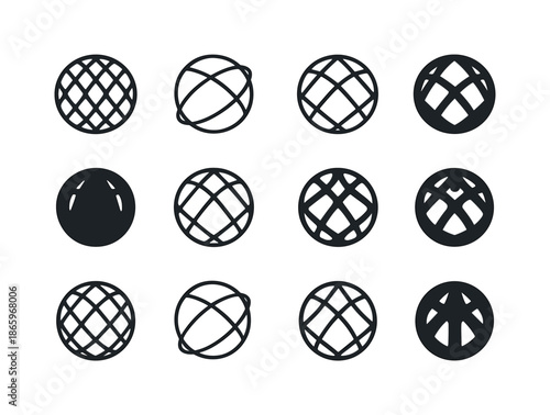 3D Art Iconography. 3D-printed objects in art and design. Icon set. Set Logo of 3D-printed objects in art and design: mesh lattice sphere. harmonious logo