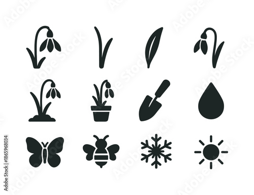 Snowdrops Icon Set. Snowdrops in bloom. Solid icon set of snowdrops in bloom: snowdrop flower, stem, leaf, bud, soil, pot, garden trowel, droplet, sunlight,