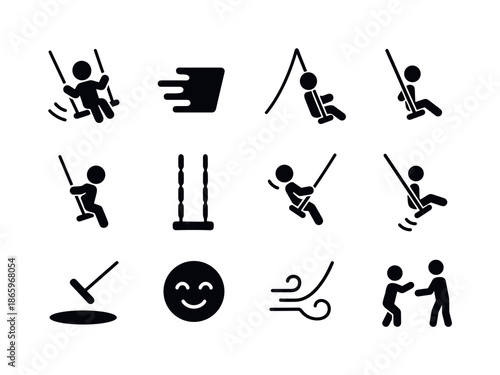 Swing Icons Collection. Swing in action. Solid icon set of swing in action: swinging child, motion blur icon, height peak, backward swing, forward swing, chain