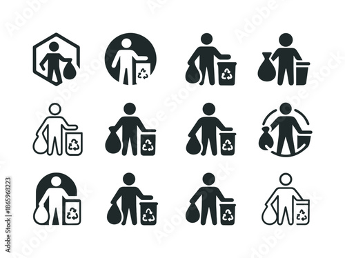 NGO Waste Management Icons. The role of NGOs in waste management. Icon set. Set Logo of The role of NGOs in waste management: community cleanup symbol.