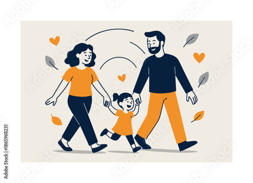 Family Stroll Harmony. Joyful walk together. A couple walking hand in hand with their child skipping ahead; floating leaves and hearts in the breeze. Arcs