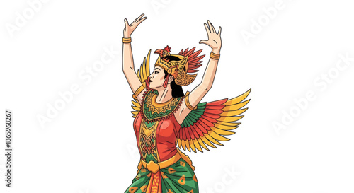 Elaborate Indonesian Dancer with Feathered Wings and Ornate Headdress.