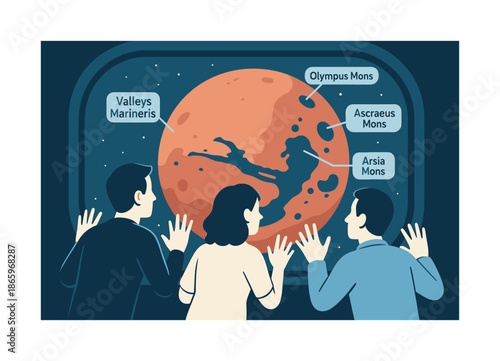 Mars Orbit Tour. Mars orbit tour. Passengers press to the glass as the red planet rotates below, with labeled icons pointing out valleys and volcanoes. Modern