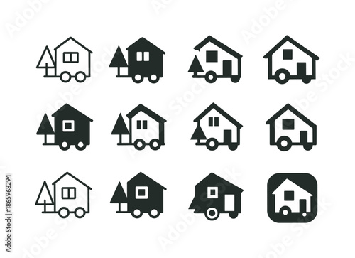 Nomadic Travel Icons. Nomadic travel and tiny house tourism. Icon set. Set Logo of Nomadic travel and tiny house tourism: tiny house on wheels. harmonious logo