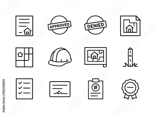 Building Permits Icons. Building permits. Line icon set of building permits: permit document, approved stamp, denied stamp, building blueprint, zoning map,