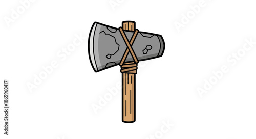 Ancient Stone Axe with Wooden Handle and Rope Binding.