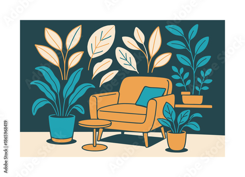 Indoor Garden Nook. Biophiic design and green architecture ? indoor garden nooks. A cozy corner with potted plants and soft seating; abstract leaf shapes float