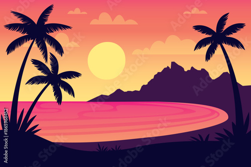 flat illustration, minimal, colorful, gradient, background, banner, poster, travel design
alm Tree Silhouette at Tropical Island Sunset

Colorful Tropical Sunset Beach Landscape

Exotic Island Beach 