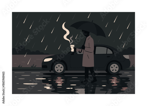 Rainy Coffee Break. Rainy roadside coffee. Person under an umbrella beside the car; raindrops bouncing as steam curls upward. Reflections shimmering on wet