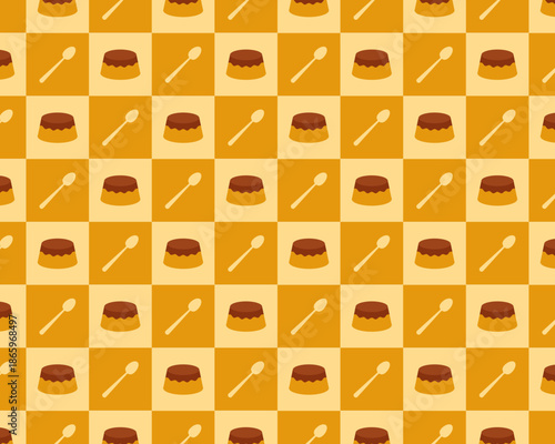 プリンとスプーンをあしらった温かみのある格子柄のシームレス背景素材。カスタードと焦糖（キャラメル）をイメージした可愛いイラスト。カフェのスイーツメニュー、お菓子パッケージ、子供向けの販促に最適なベクター素材。