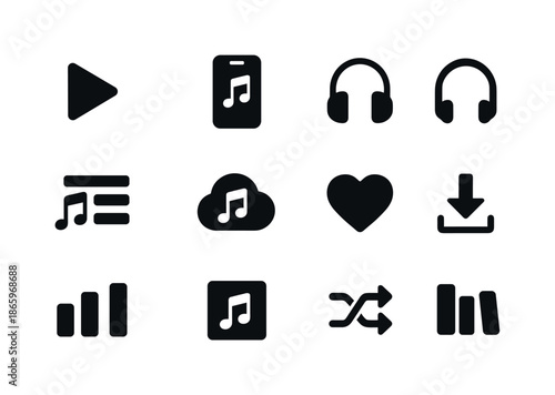 Music Streaming Icons. Music streaming. Solid icon set of music streaming: play button, pause button, smartphone, headset, playlist, cloud icon, favorite