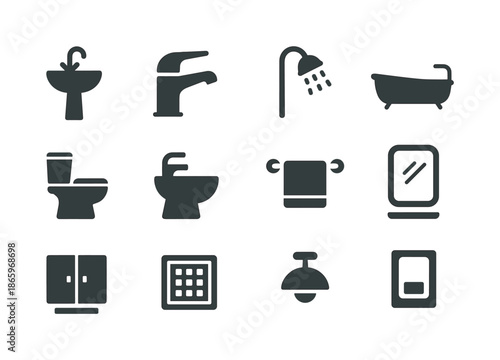 Bathroom Fixtures Icons. Bathroom fixtures. Solid icon set of bathroom fixtures: sink, faucet, showerhead, bathtub, toilet, bidet, towel bar, mirror, cabinet,