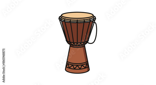 A traditional West African djembe hand drum with a wooden body rope tuning and a carrying handle.