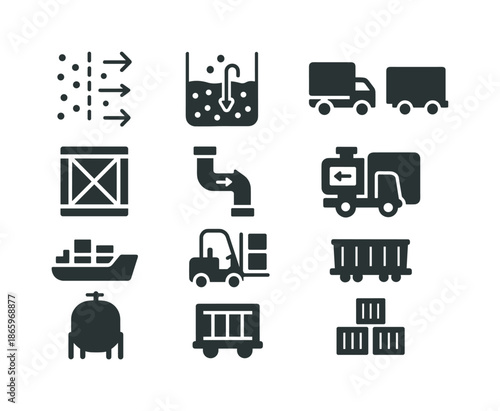 Mass Transport Icons. Mass transport. Solid icon set of Mass transport: diffusion arrows, osmosis icon, conveyor belt, cargo crate, pipeline flow, transport