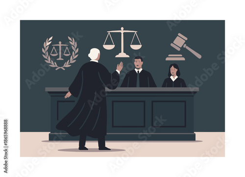 Final Judgment Scene. High court moment. A judge stands before elevated benches, robe flowing as the final judgment is declared. Emblems of law surround the