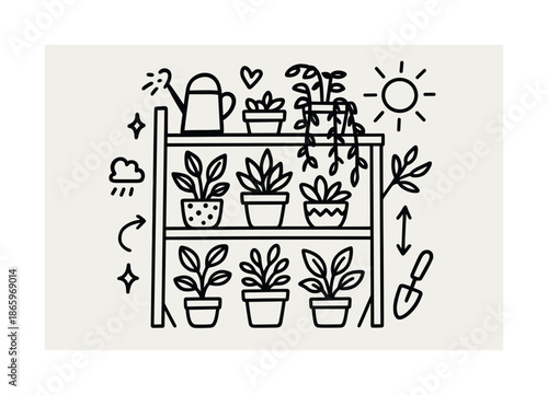 Tiered Plant Shelf Doodle. Tiered plant shelf. Hand-drawn doodle illustration Tiered plant shelf different pots, leafy stems, hanging vines, watering can,