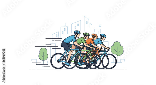 Dynamic Illustration of Four Male Cyclists Racing Bicycles.