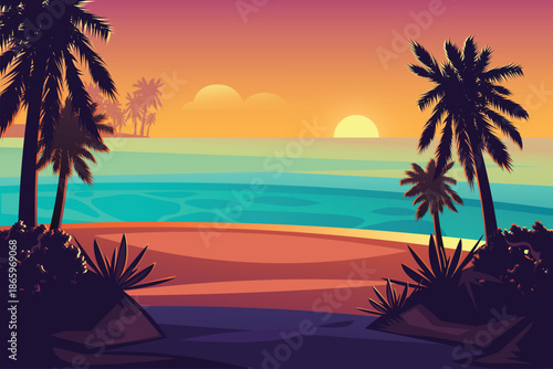 Tropical Beach Sunset with Palm Tree Silhouettes and Colorful Sky
Palm Tree Silhouette at Colorful Tropical Sunset

Exotic Tropical Beach Landscape at Sunset