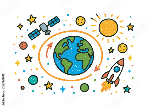 Orbiting Earth Doodle. Orbit Around Earth. Colorful Hand-drawn doodle Children illustration earth, satellite, orbit line, stars, moon, rocket, arrows, sun,
