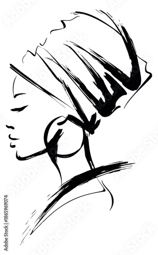Abstract brushstroke illustration of a woman in a headwrap depicting a serene expression for beauty and cultural themes