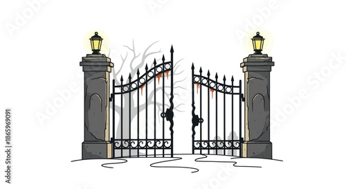 Ornate Black Wrought Iron Gates with Stone Pillars and Lanterns.