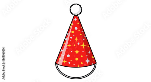 Red Party Hat with White Pom-Pom and Sparkling Star Pattern.