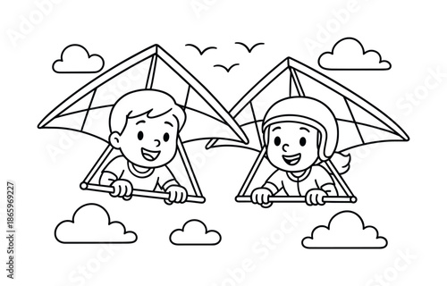 Hang Gliding Adventure. Hang gliding with a friend children?s coloring book illustration, outlined drawing, two cartoon hang gliders flying side by side in the