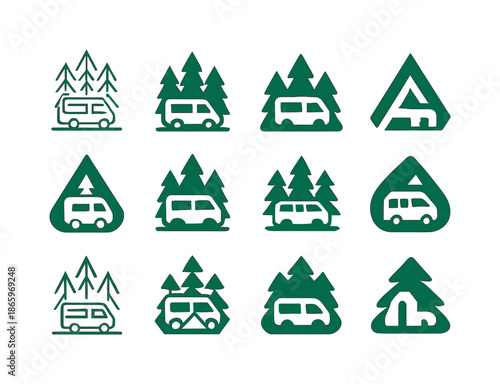 Nomadic Tiny House Emblems. Nomadic travel and tiny house tourism. Icon set. Set Logo of Nomadic travel and tiny house tourism: forest and van. harmonious logo