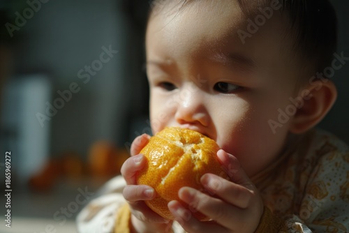 Baby holding and eating a whole fresh orange fruit, learning new tastes