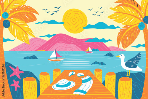 Colorful Tropical Pier with Seagull and Summer Accessories Illustration
Summer Tropical Beach Pier Illustration

Vacation Seaside Pier with Sun and Palm Trees

Flat Design Tropical Beach with Wooden 