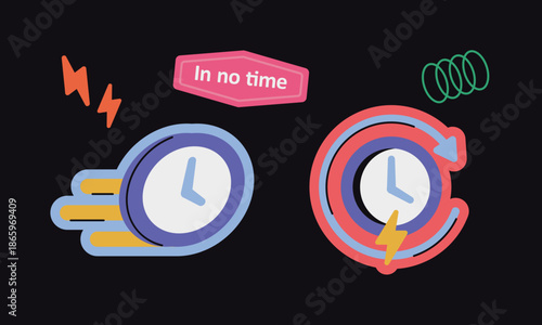 in no time のステッカーイラスト – 即時性とスピードを示すラベル表現