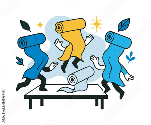 Sustainable Textile Artistry. Sustainable Textile Scene. Rolls of organic cotton, linen, and recycled polyester float above a table, each unrolling into soft