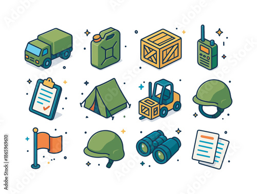 Military Logistics Icons. Military logistics. Colorful isometric vector icons set of military logistics: supply truck, fuel can, cargo crate, radio, clipboard,