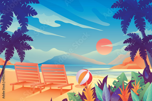 Tropical Beach Resort at Sunset with Sunbeds and Palm Trees Illustration
Luxury Tropical Beach Resort Sunset Illustration

Summer Beach Resort with Sun Loungers and Palm Trees

Exotic Tropical Beach 