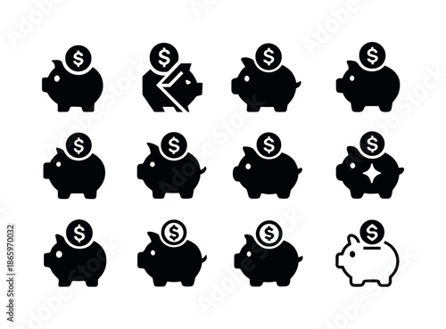 Debt-Free Icon Set. Paying off debts and credit obligations. Icon set. Set Logo of Paying off debts and credit obligations: piggy bank. harmonious logo