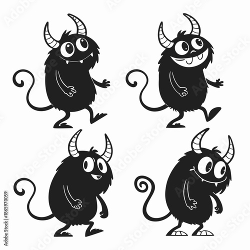 Four cartoon monsters in black and white