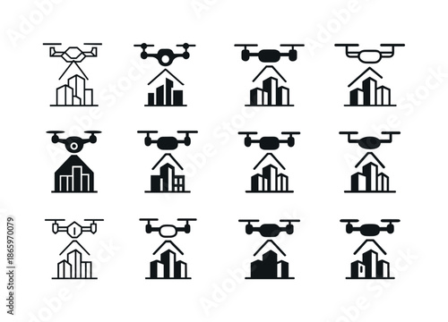 Drone Manager Icons. autonomous construction manager. Icon set. Set Logo of autonomous construction manager: drone scanning a building site. harmonious logo