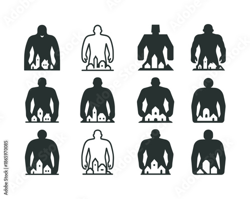 Giant Logo Variations. Tales of giants. Icon set. Set Logo of Tales of giants: giant shadow over village. harmonious logo variations of the same emblematic