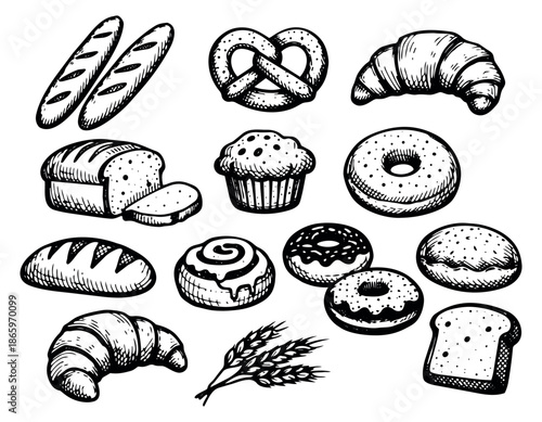 Hand drawn line art bakery set featuring croissants, donuts, muffins, and bread for menu design