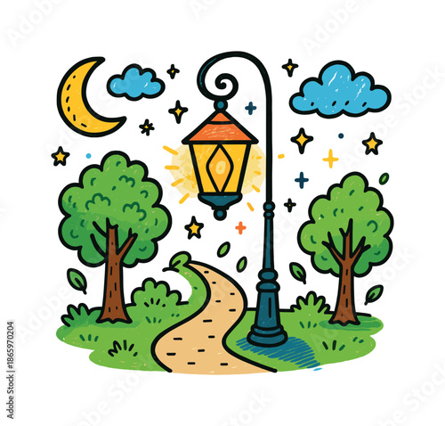 Whimsical Lantern Glow. Street Lantern. Colorful Hand-drawn doodle Children illustration lamp post, lantern glow, trees, sidewalk, stars, moon, leaves, clouds,