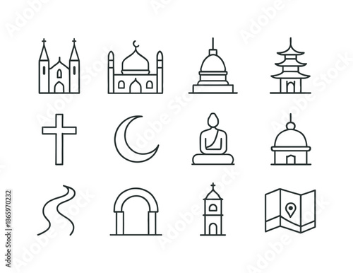 Outline Religious Iconography. Religious Monuments. Line icon set of Religious Monuments: cathedral, mosque, stupa, pagoda, cross, crescent moon, statue, dome,