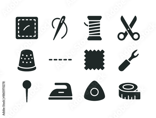Denim Repair Icons. Denim repair. Solid icon set of denim repair: patch, needle, thread spool, scissors, thimble, stitching line, fabric swatch, seam ripper,
