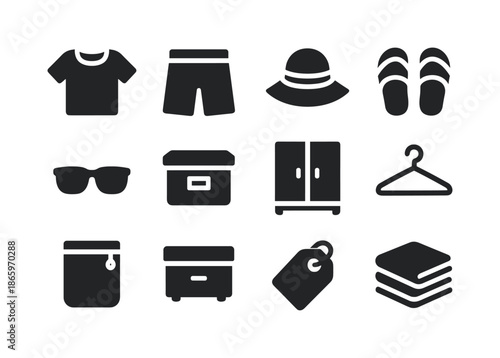 Summer Wardrobe Icons. Putting away summer clothes. Solid icon set of putting away summer clothes: folded t-shirt, shorts, sun hat, sandals, sunglasses,
