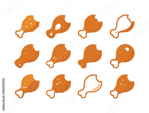 Fried Chicken Logos. Crispy fried chicken. Icon set. Set Logo of Crispy fried chicken: drumstick with bite taken. harmonious logo variations of the same