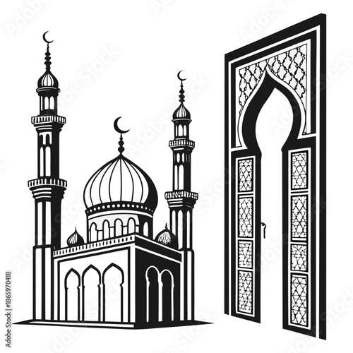 Illustration of a mosque with detailed door