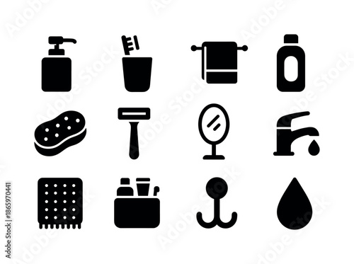 Bathroom Essentials Icons. Bathroom essentials. Solid icon set of bathroom essentials: soap dispenser, toothbrush cup, towel rack, shower gel bottle, sponge,