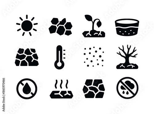 Drought Icon Set. Drought conditions. Solid icon set of Drought conditions: sun icon, dry land, wilted plant, empty reservoir, cracked field, thermometer, dust