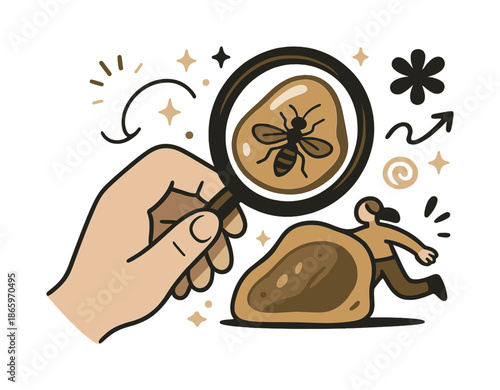 Amber Insect Discovery. Tiny fossil treasures. A hand holds a magnifying glass over a piece of amber with an insect frozen inside. Detailed textures highlight