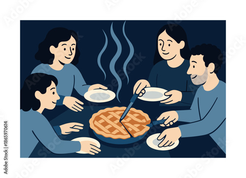 Warm Pie Gathering. Serving moment. A warm pie is cut at a table as friends reach for plates, aroma trails drifting upward in gentle curves. Comfort shared.