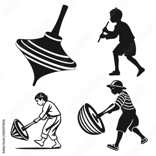 Children playing with spinning tops